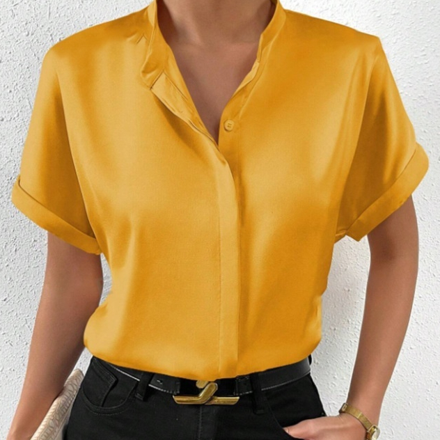 Womens Solid-color Satin Short-sleeve Top