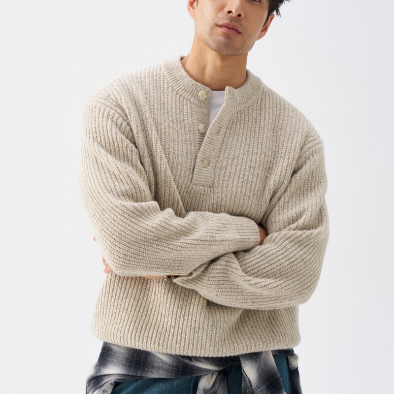 Mens Thick Simple Henley-Neck Sweater For Fall And Winter
