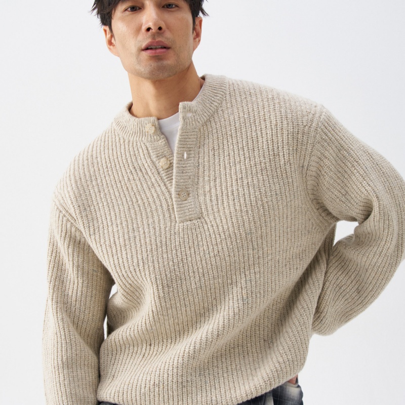 Mens Thick Simple Henley-Neck Sweater For Fall And Winter