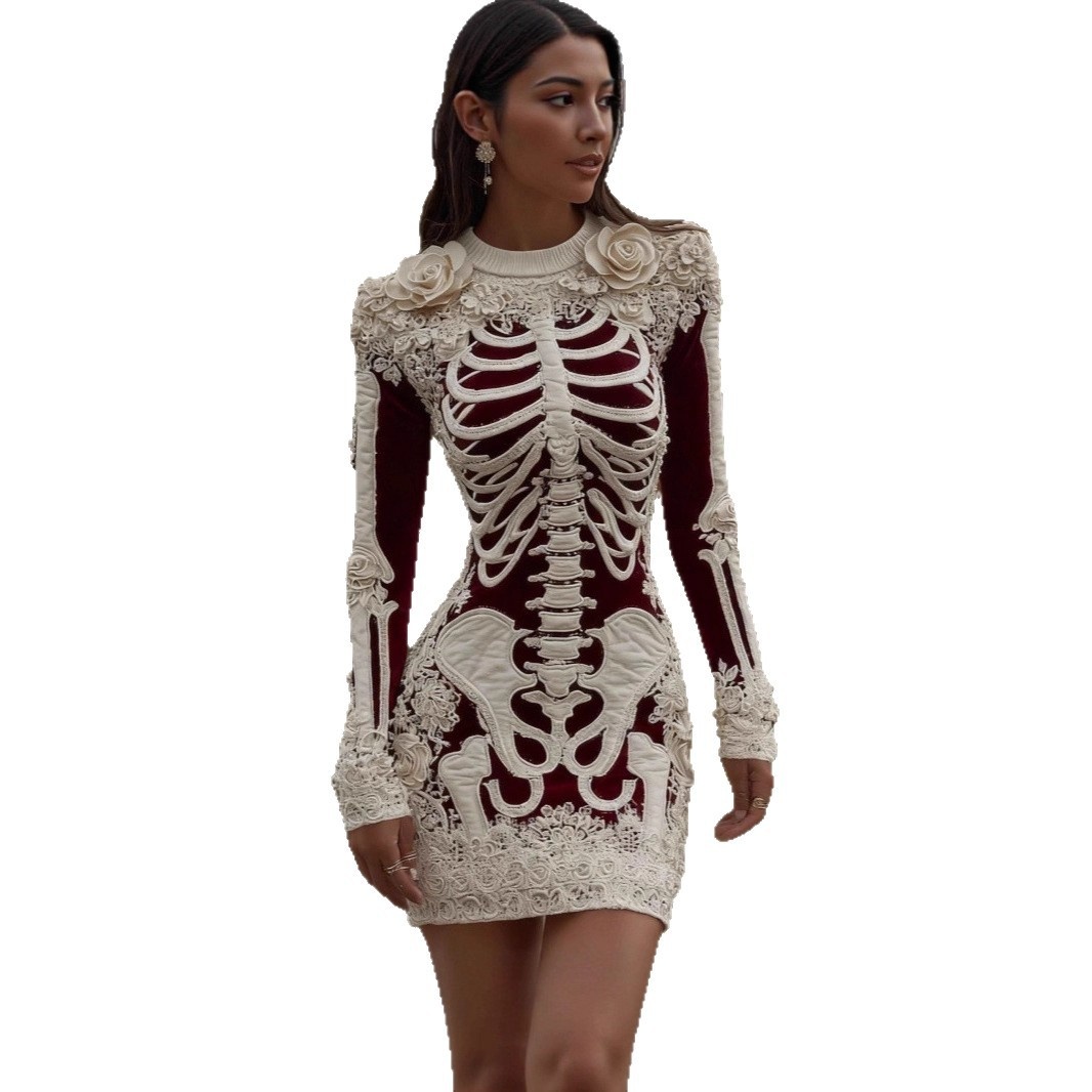 Fashionable Crew-Neck Sweater Dress With A Halloween Skeleton Print