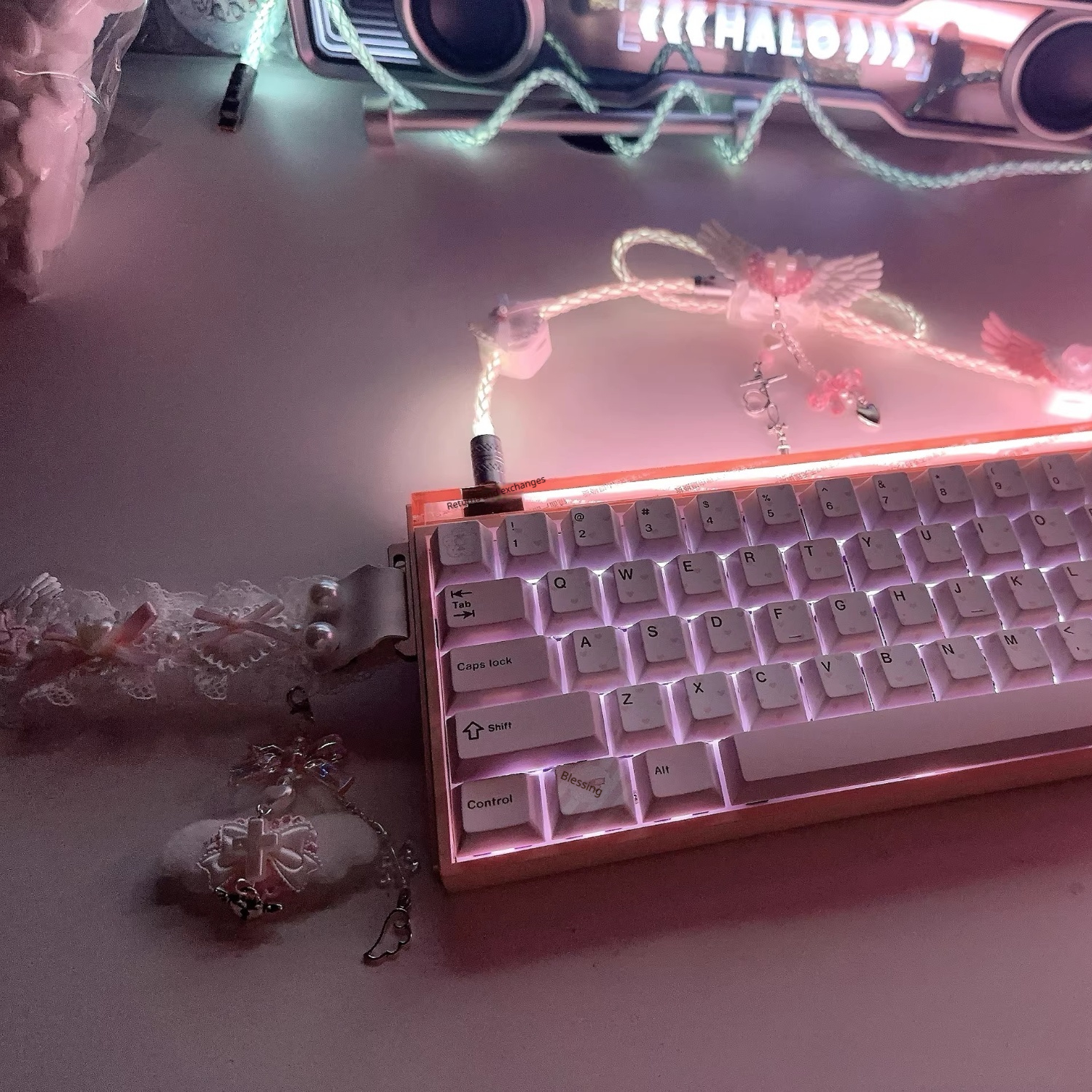 Lace Black And Pink Keyboard Ribbon Charm