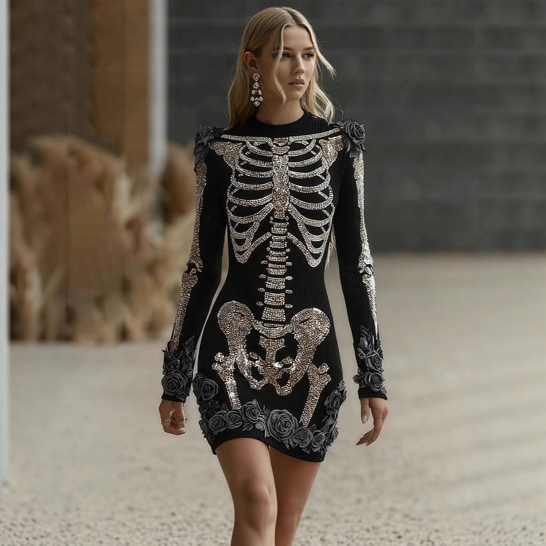 Fashionable Crew-Neck Sweater Dress With A Halloween Skeleton Print