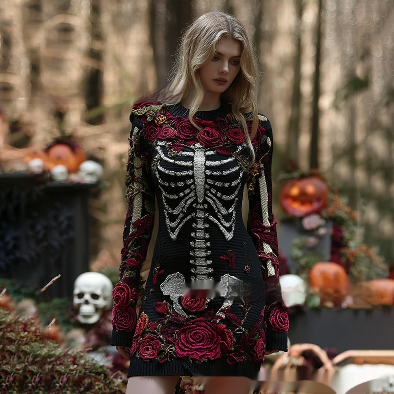 Fashionable Crew-Neck Sweater Dress With A Halloween Skeleton Print