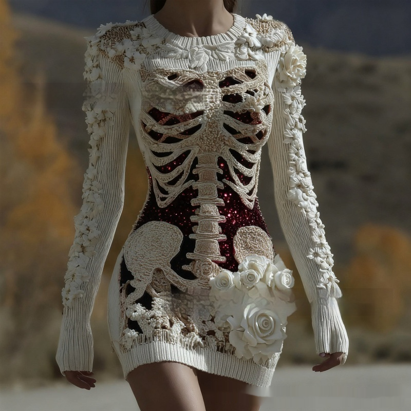 Fashionable Crew-Neck Sweater Dress With A Halloween Skeleton Print