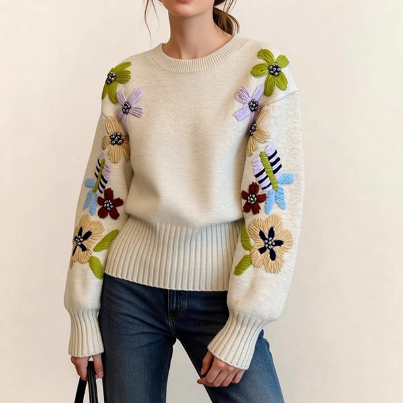 Loose Knit Sweater Floral Embroidery Vintage Knit Top