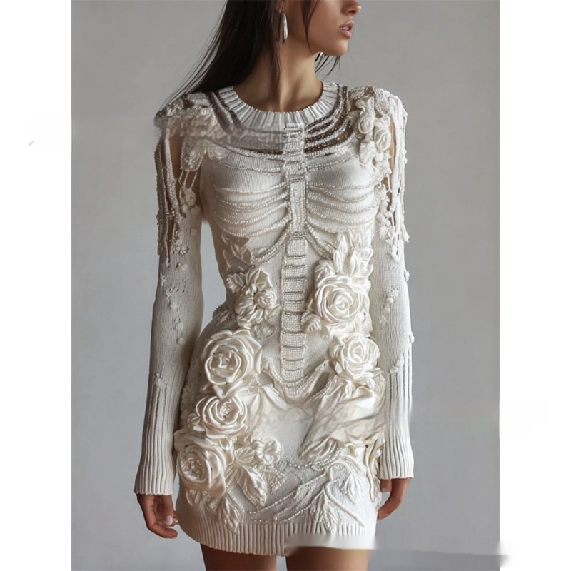 Fashionable Crew-Neck Sweater Dress With A Halloween Skeleton Print