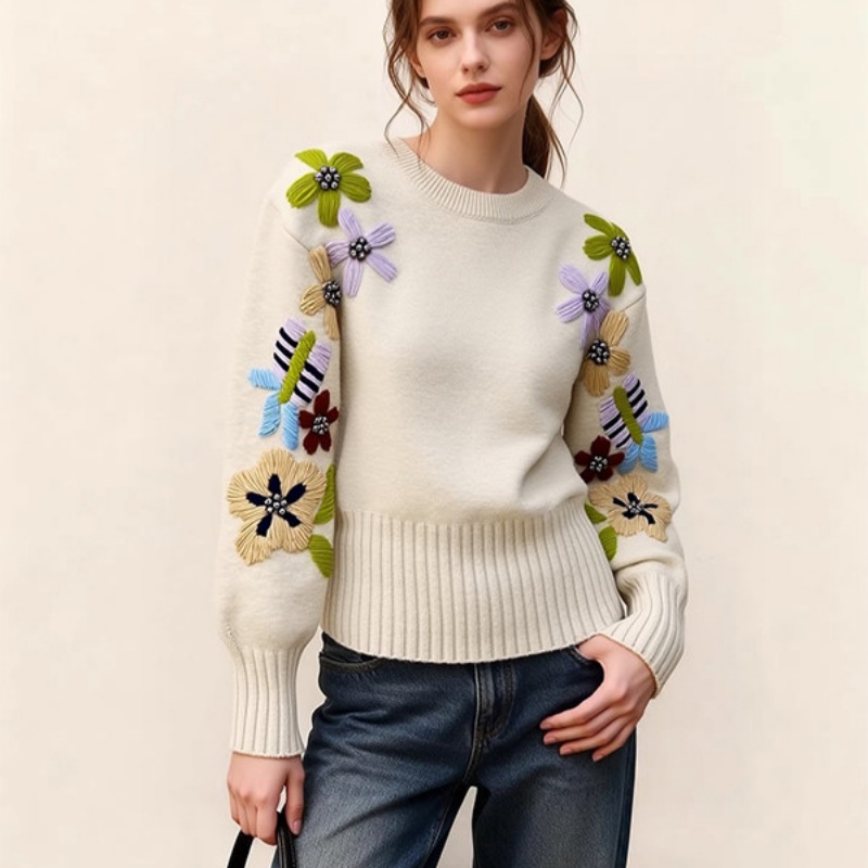 Loose Knit Sweater Floral Embroidery Vintage Knit Top