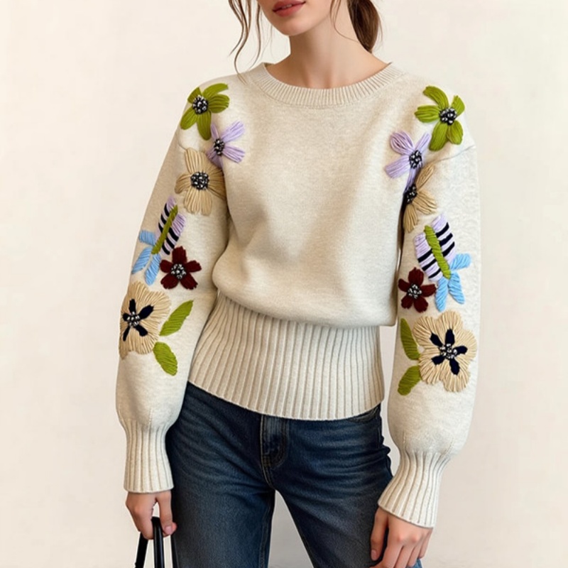 Loose Knit Sweater Floral Embroidery Vintage Knit Top