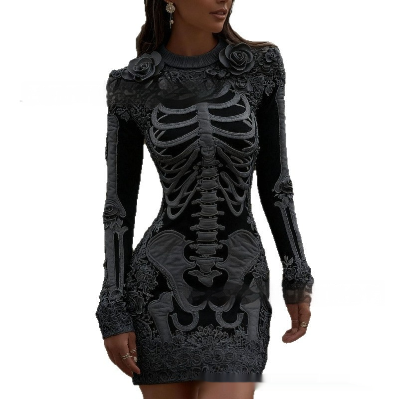 Fashionable Crew-Neck Sweater Dress With A Halloween Skeleton Print