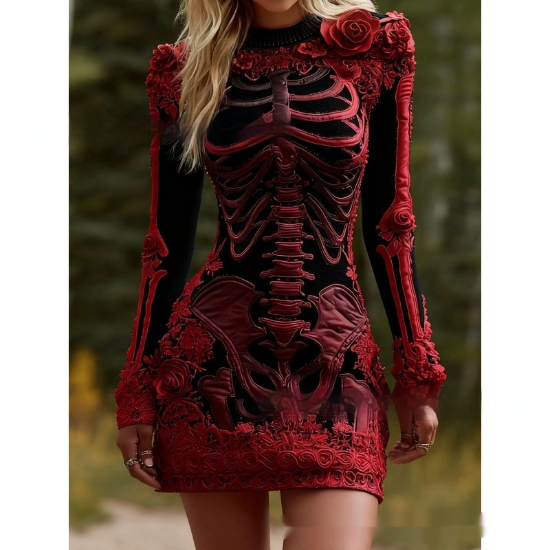 Fashionable Crew-Neck Sweater Dress With A Halloween Skeleton Print