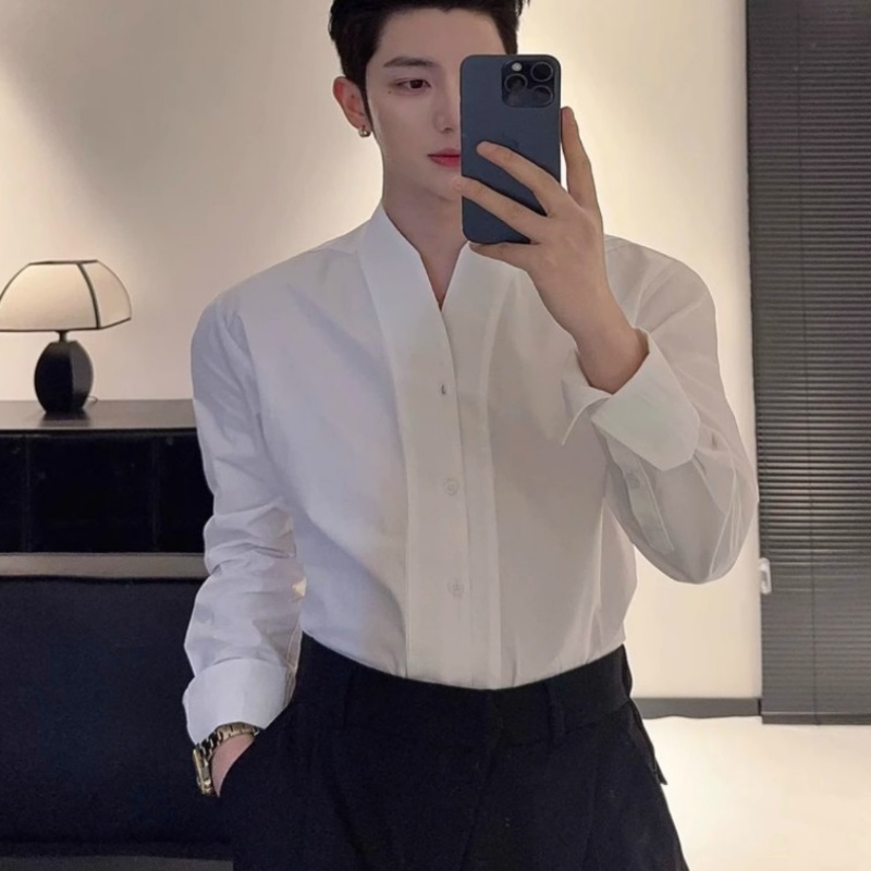 Mens French V-neck White Long-sleeve Shirt