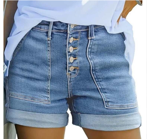 Womens Button-fly High-waist Cuffed Denim Shorts