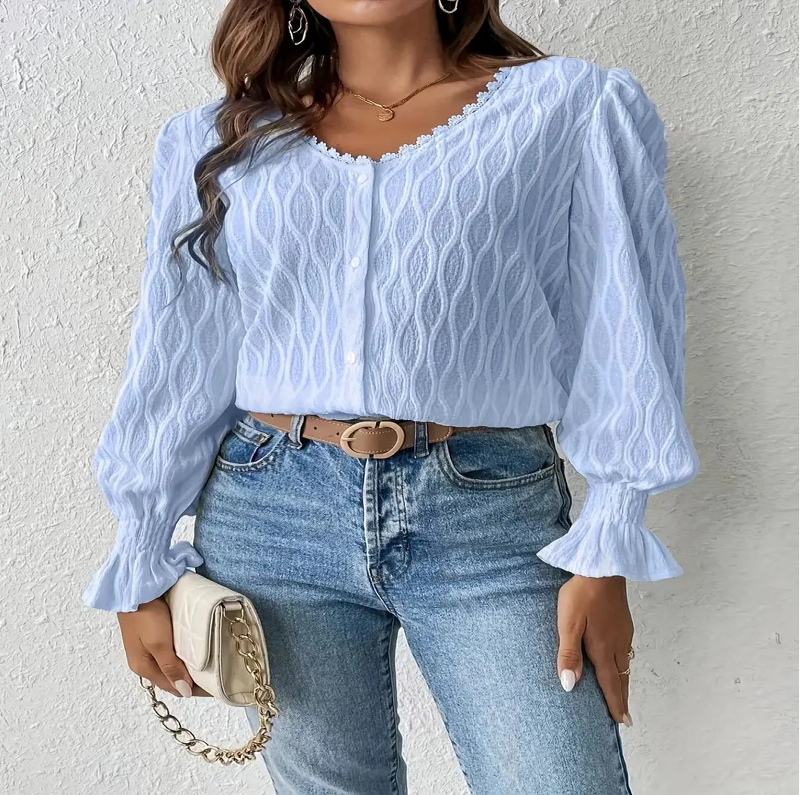 SheIn Solid-Color V-Neck Top With Flared Sleeves