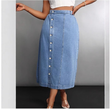 Womens Stylish Plus-Size Denim Skirt With Button Front