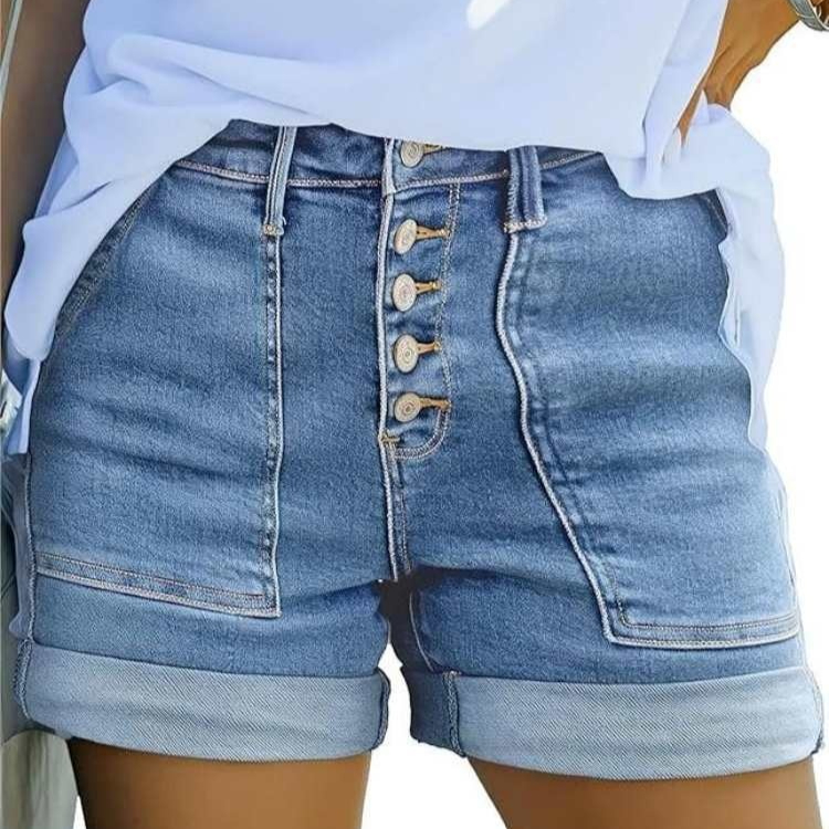 Womens Button-fly High-waist Cuffed Denim Shorts