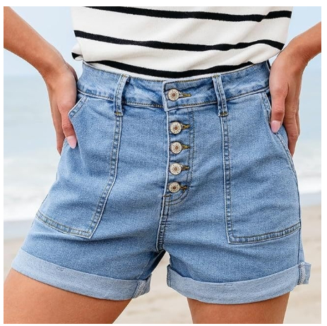 Womens Button-fly High-waist Cuffed Denim Shorts