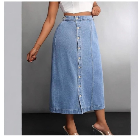 Womens Stylish Plus-Size Denim Skirt With Button Front