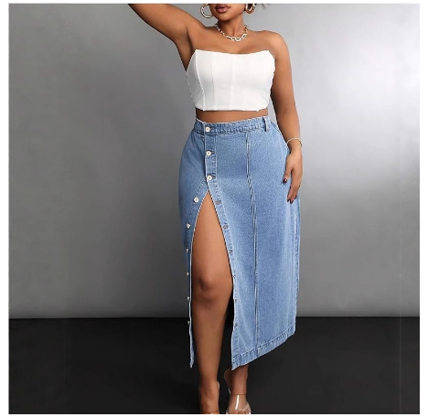Womens Stylish Plus-Size Denim Skirt With Button Front