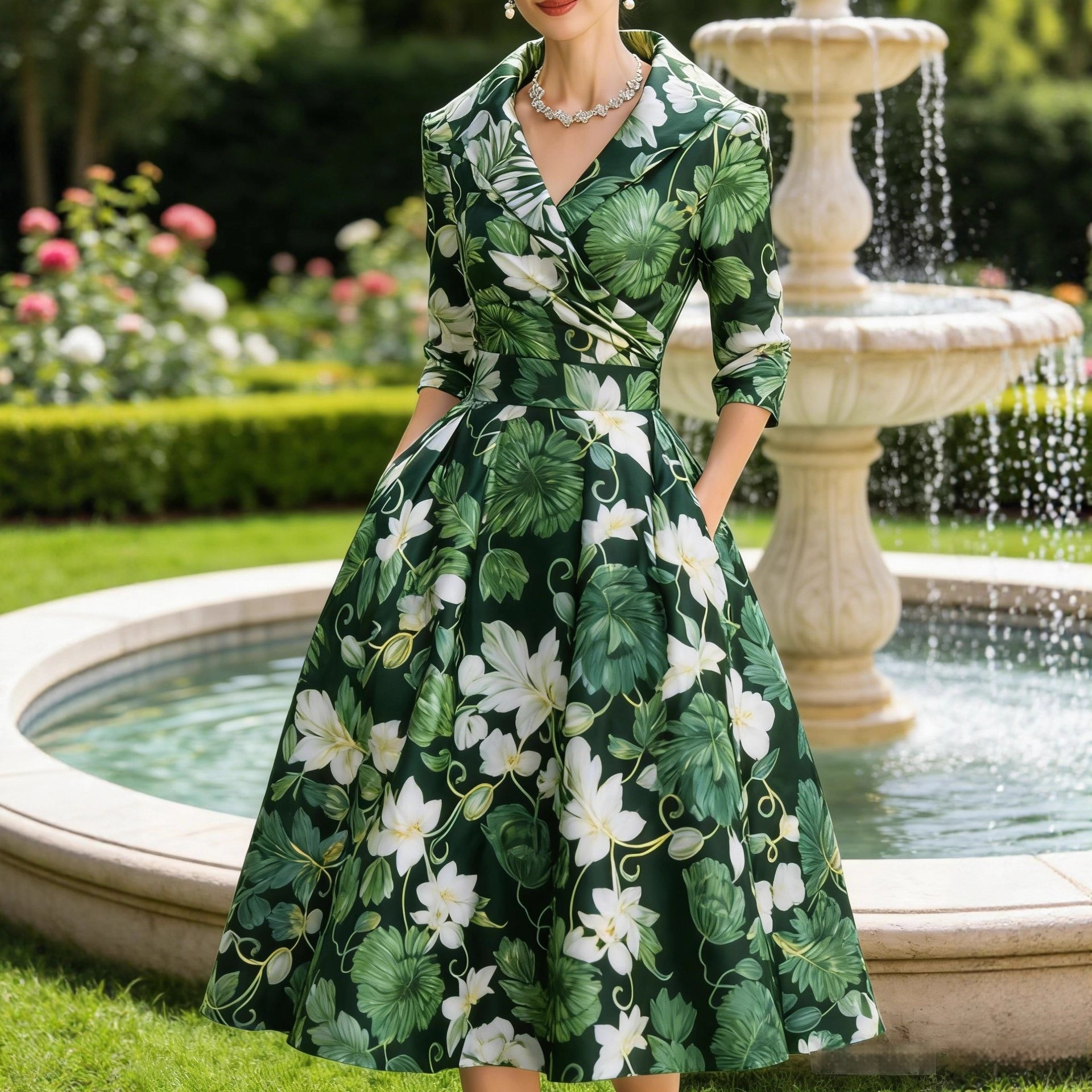 Elegant Womens V-Neck Long-Sleeve Dress With A Floral Creative Retro 3D Digital Print