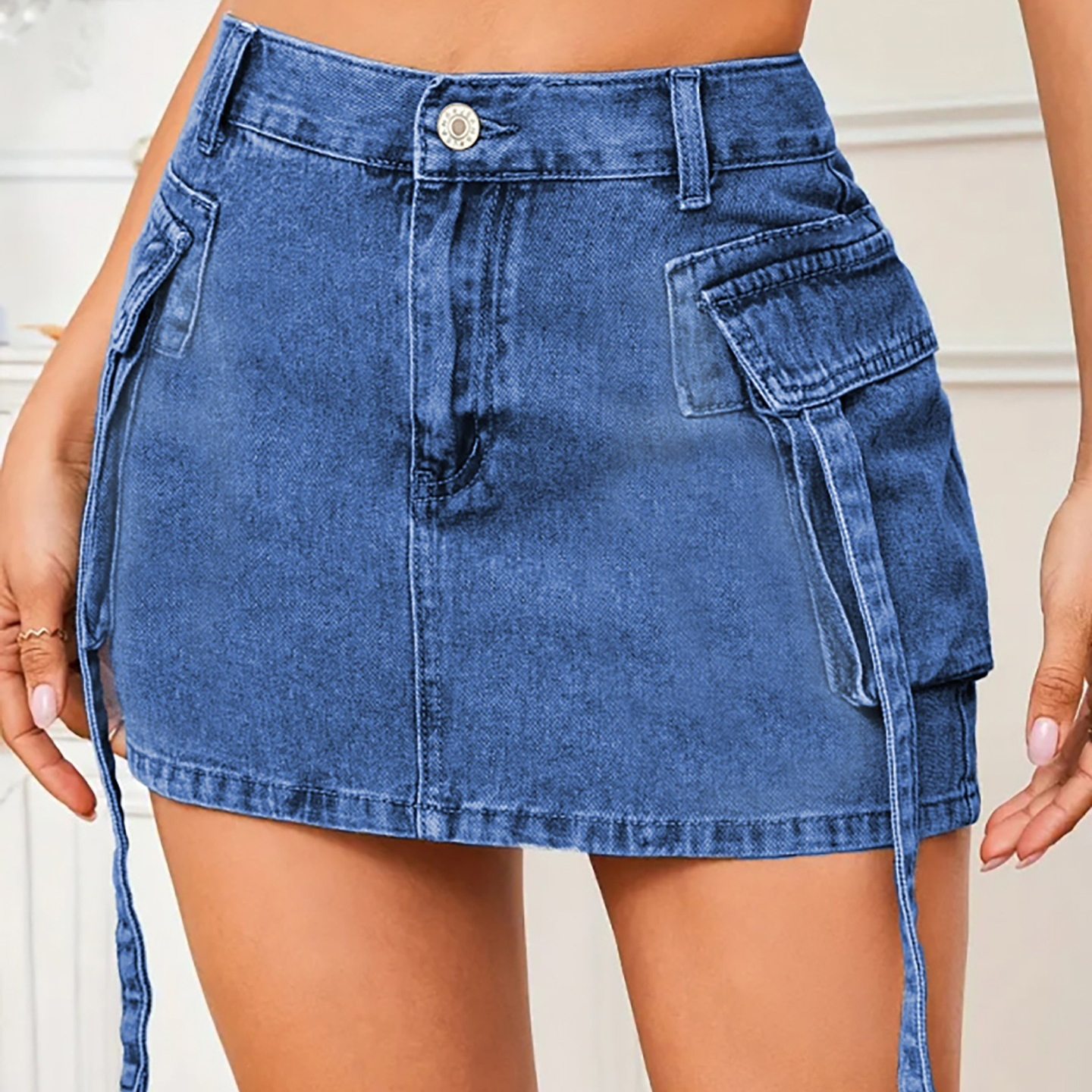 Workwear Pocketed Body-Hugging Short Denim Skirt