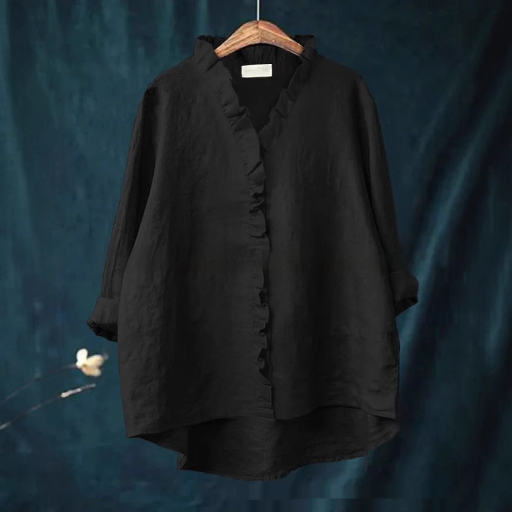 Ruffled-edge Mid-length Loose-fit Cotton Solid-color Shirt
