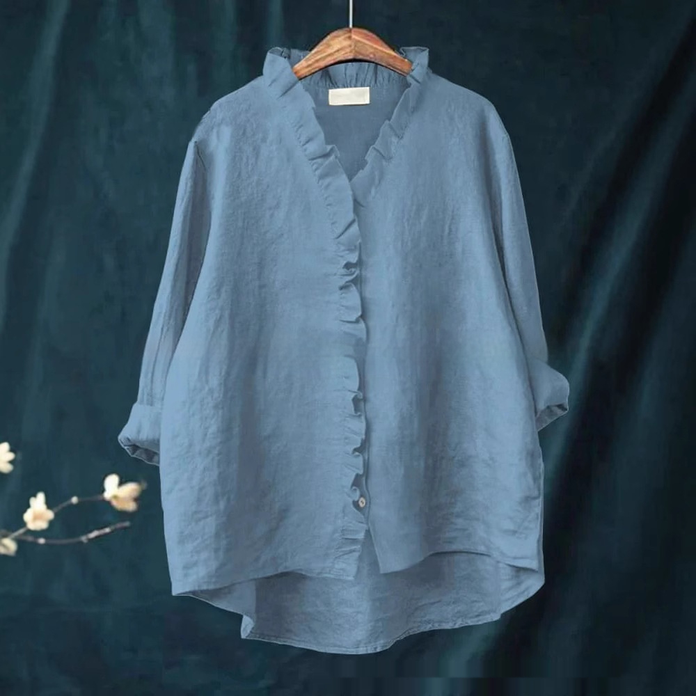 Ruffled-edge Mid-length Loose-fit Cotton Solid-color Shirt
