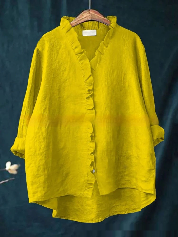 Ruffled-edge Mid-length Loose-fit Cotton Solid-color Shirt