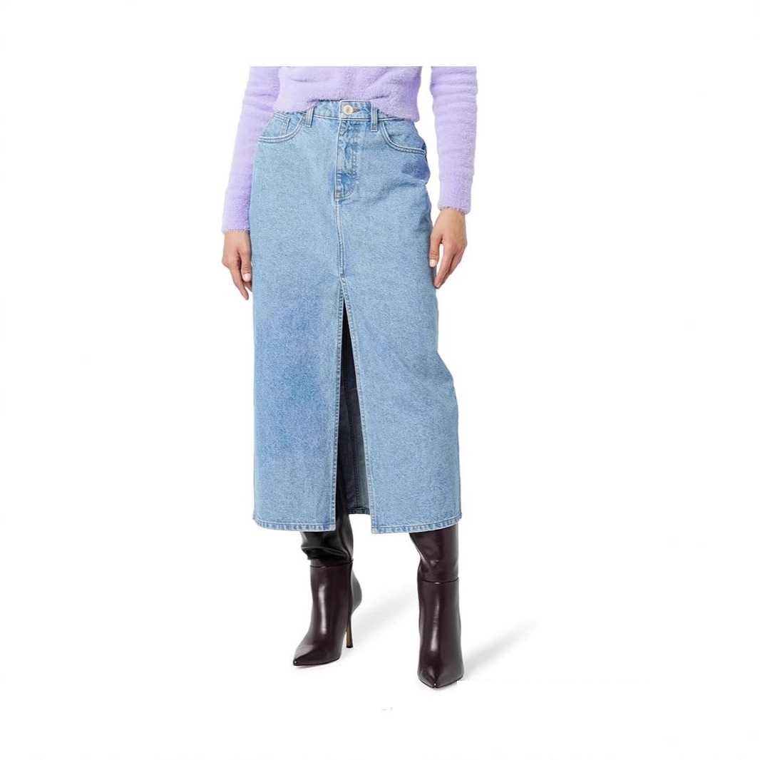 Womens Denim Irregular-Slit High-Waisted Maxi Skirt