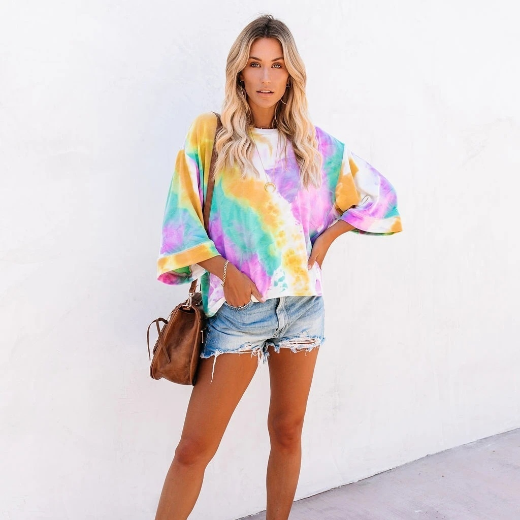 Arrival Long-Sleeve Loose Tie-Dye Gradient-Color Printed T-Shirt