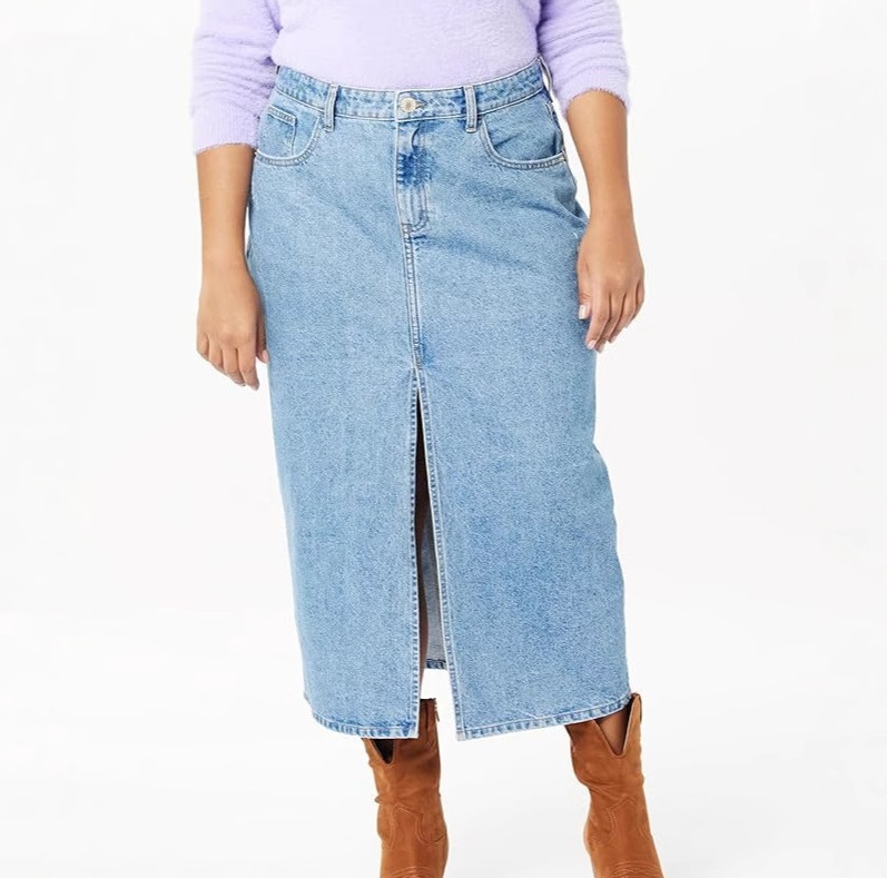 Womens Denim Irregular-Slit High-Waisted Maxi Skirt