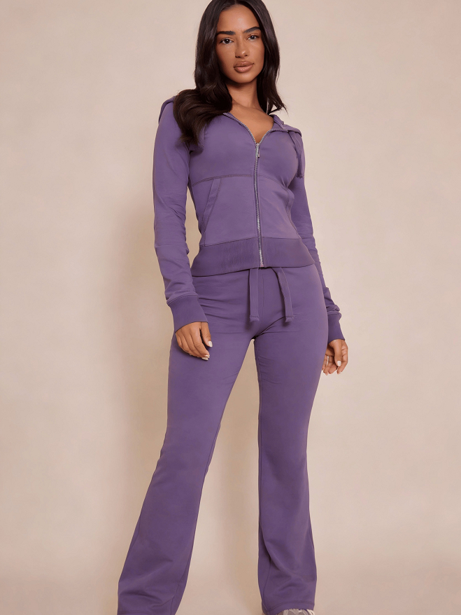 Hot Girl Style Hooded Zip Slim Fit Sweatshirt  Flared Pants Casual Two-Piece Set