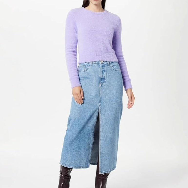 Womens Denim Irregular-Slit High-Waisted Maxi Skirt
