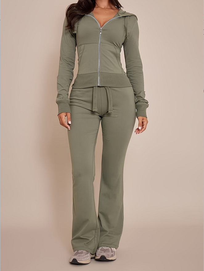 Hot Girl Style Hooded Zip Slim Fit Sweatshirt  Flared Pants Casual Two-Piece Set