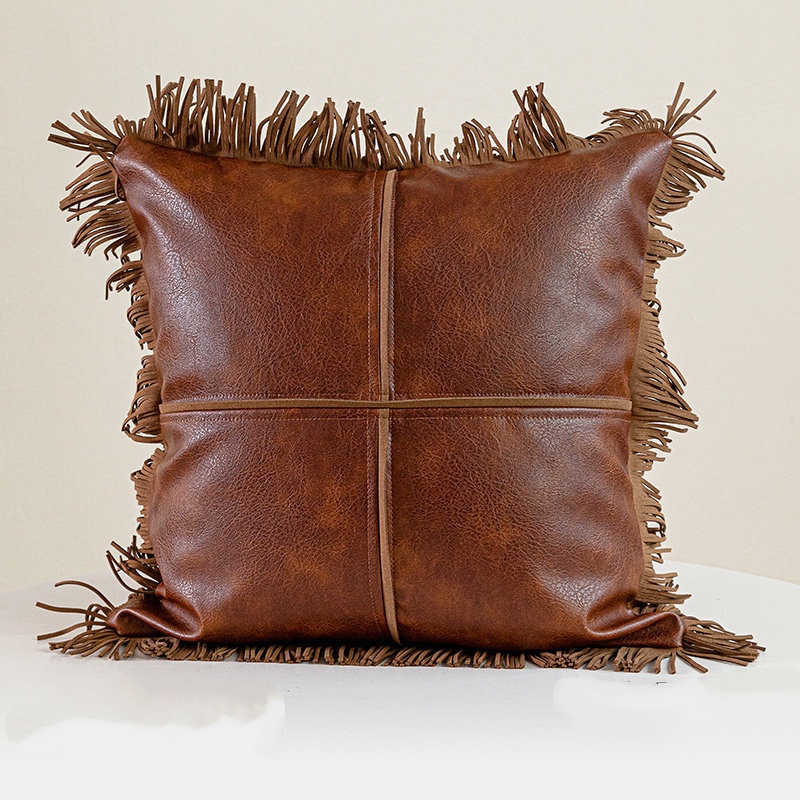 American-style Luxury Fringed Leather Sofa Cushion Vintage Design