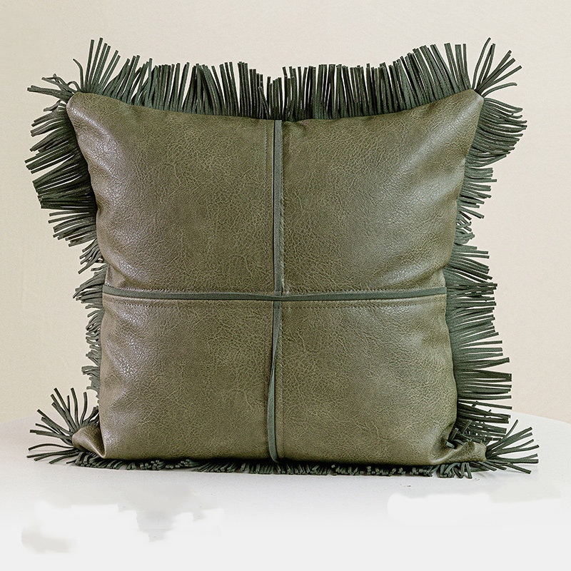 American-style Luxury Fringed Leather Sofa Cushion Vintage Design