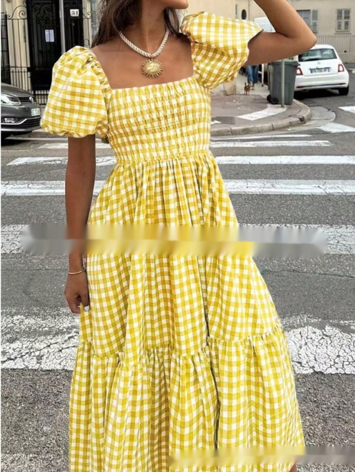 Plaid Square-neck Puffed-sleeve Pleated Dress