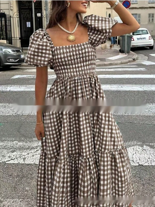 Plaid Square-neck Puffed-sleeve Pleated Dress