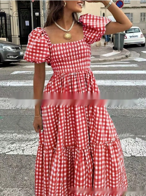 Plaid Square-neck Puffed-sleeve Pleated Dress