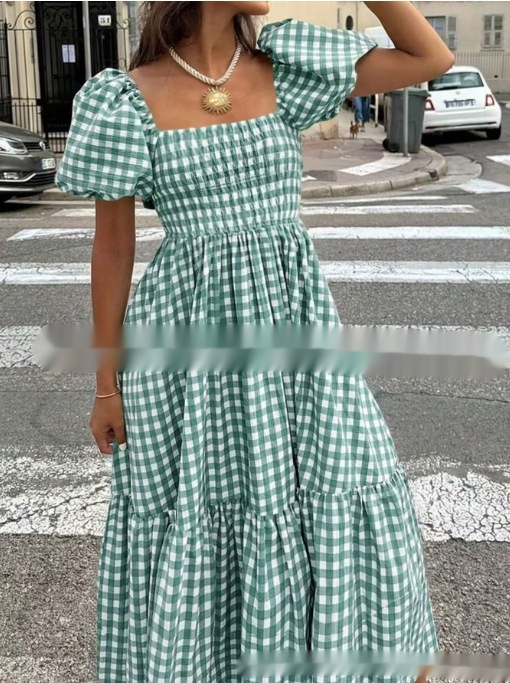 Plaid Square-neck Puffed-sleeve Pleated Dress