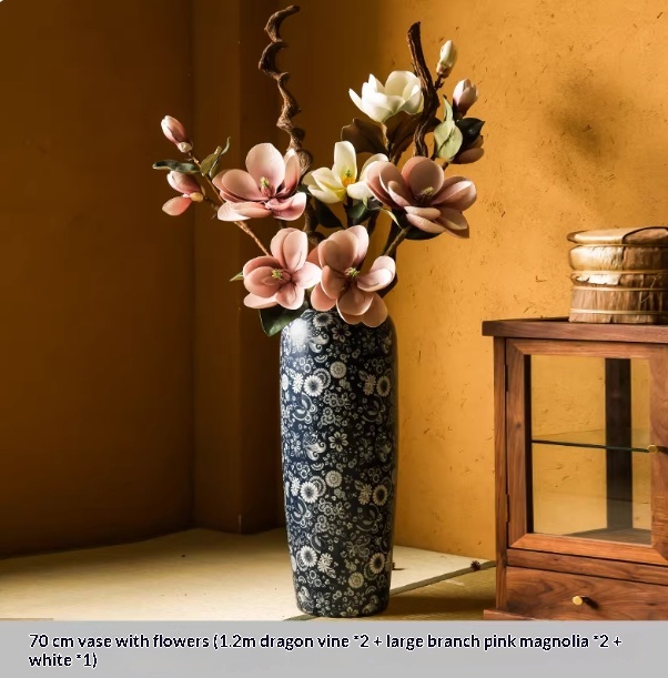 Blue-and-white Floor Vase For Tea Rooms Floral Arrangement Vase With Artificial Flowers