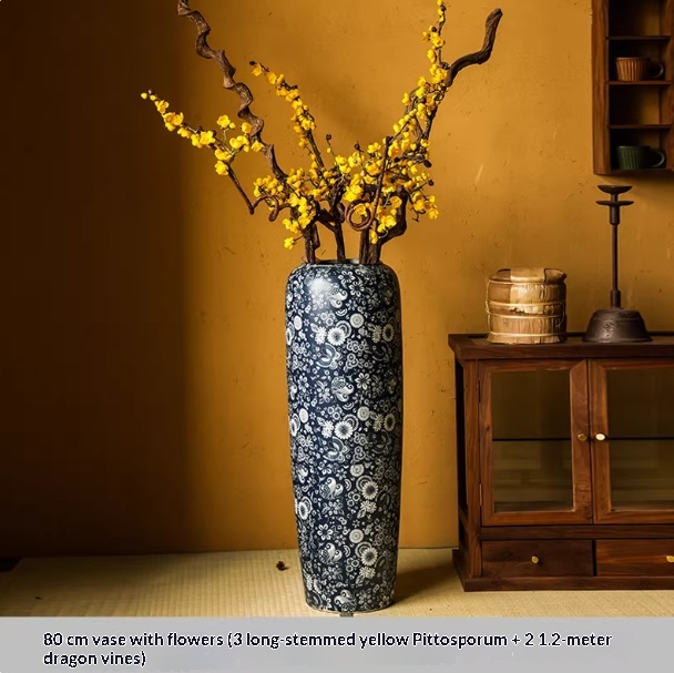 Blue-and-white Floor Vase For Tea Rooms Floral Arrangement Vase With Artificial Flowers