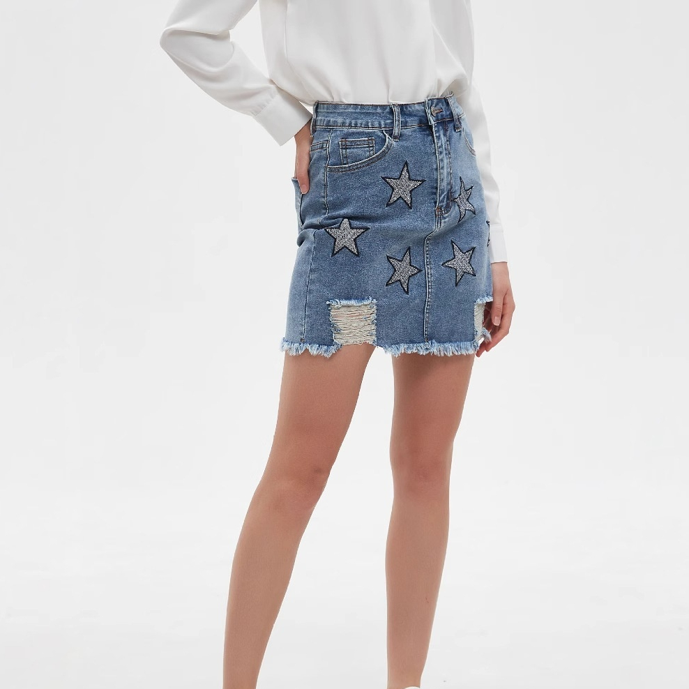 Womens Retro Embroidered Denim Skirt