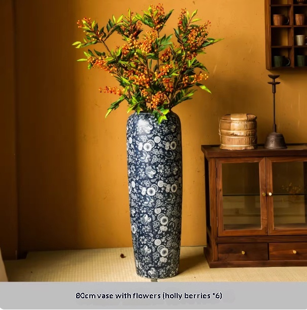 Blue-and-white Floor Vase For Tea Rooms Floral Arrangement Vase With Artificial Flowers