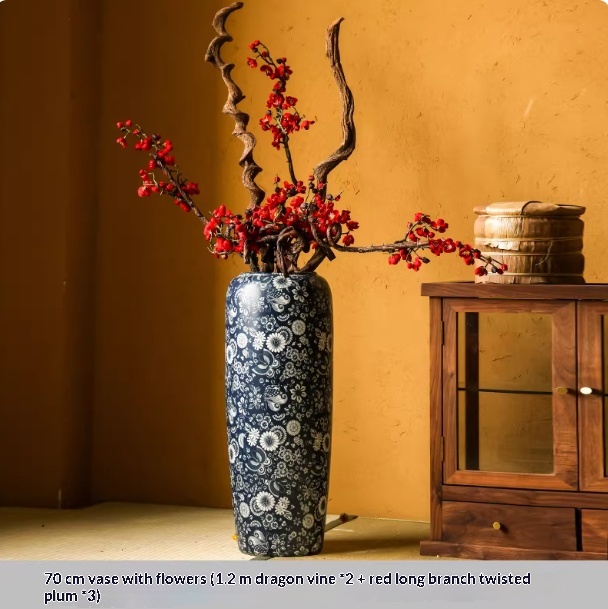 Blue-and-white Floor Vase For Tea Rooms Floral Arrangement Vase With Artificial Flowers