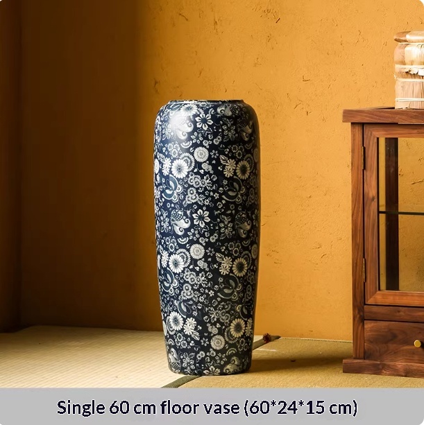 Blue-and-white Floor Vase For Tea Rooms Floral Arrangement Vase With Artificial Flowers