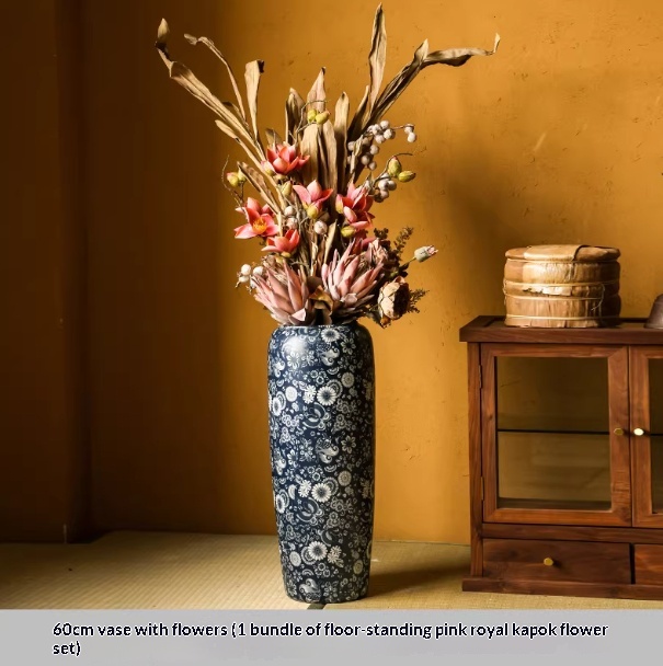 Blue-and-white Floor Vase For Tea Rooms Floral Arrangement Vase With Artificial Flowers