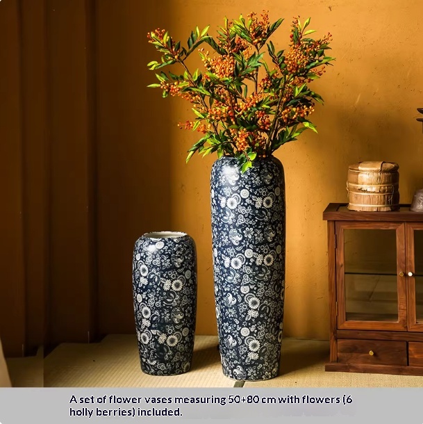 Blue-and-white Floor Vase For Tea Rooms Floral Arrangement Vase With Artificial Flowers