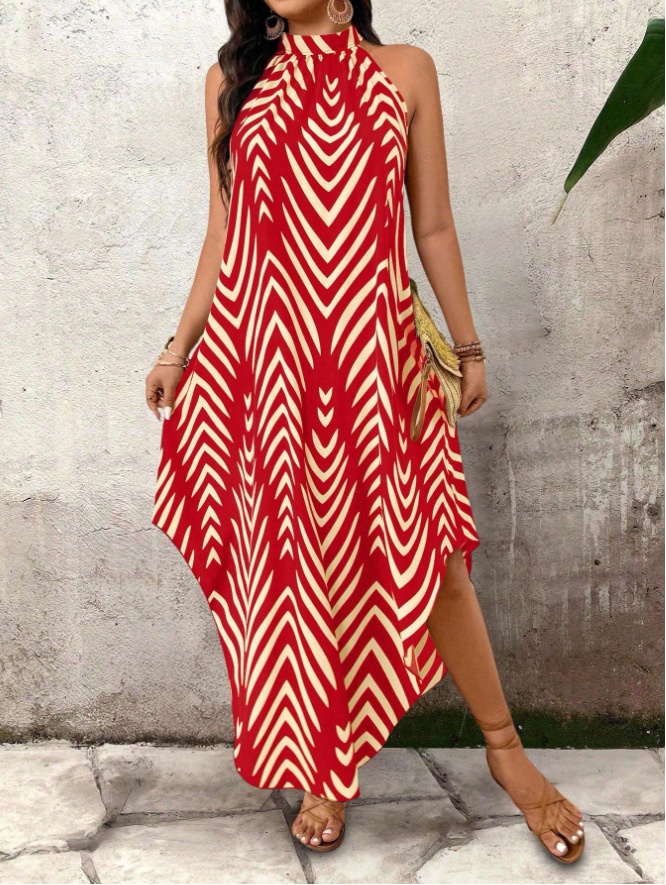 Womens Casual Loose-fit Printed Dress With An Asymmetrical Hem