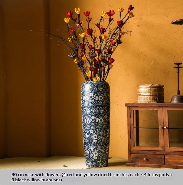 Blue-and-white Floor Vase For Tea Rooms Floral Arrangement Vase With Artificial Flowers