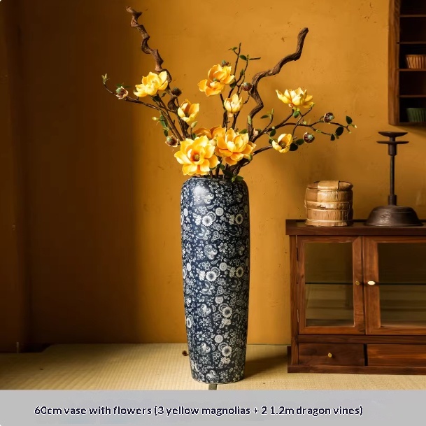 Blue-and-white Floor Vase For Tea Rooms Floral Arrangement Vase With Artificial Flowers